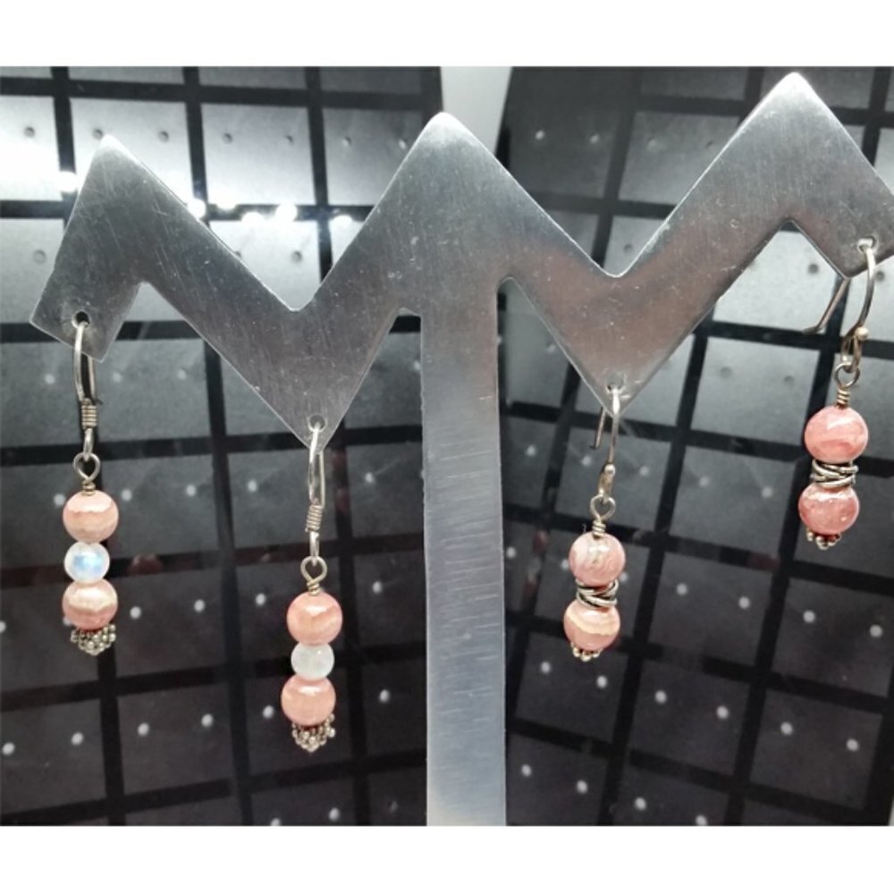 Dusty pink gemstone beaded sterling silver 925 earrings bundle lot of 2 boho